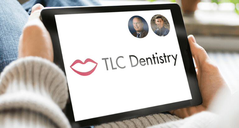 iPad with TLC Dentistry's logo and doctors' pictures for the virtual consultation